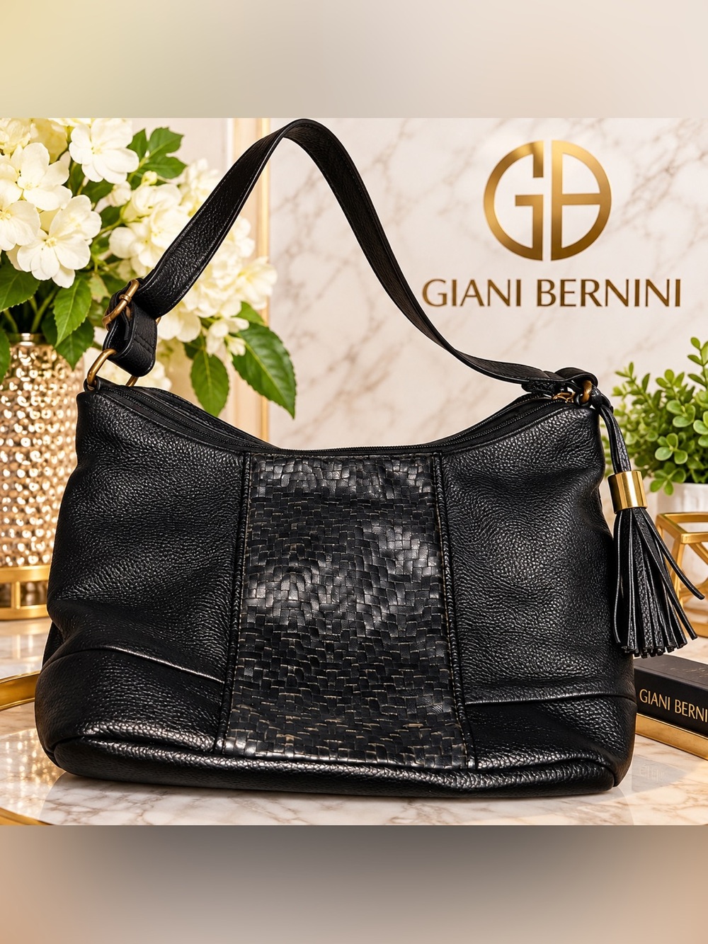 Giani Bernini Black Pebbled Faux Leather Woven Accent Shoulder Bag Tassel